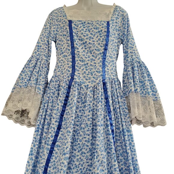 Prairie Cottage Core Maxi Dress Blue & White Floral Poet Sleeve Women's Med - Picture 11 of 11